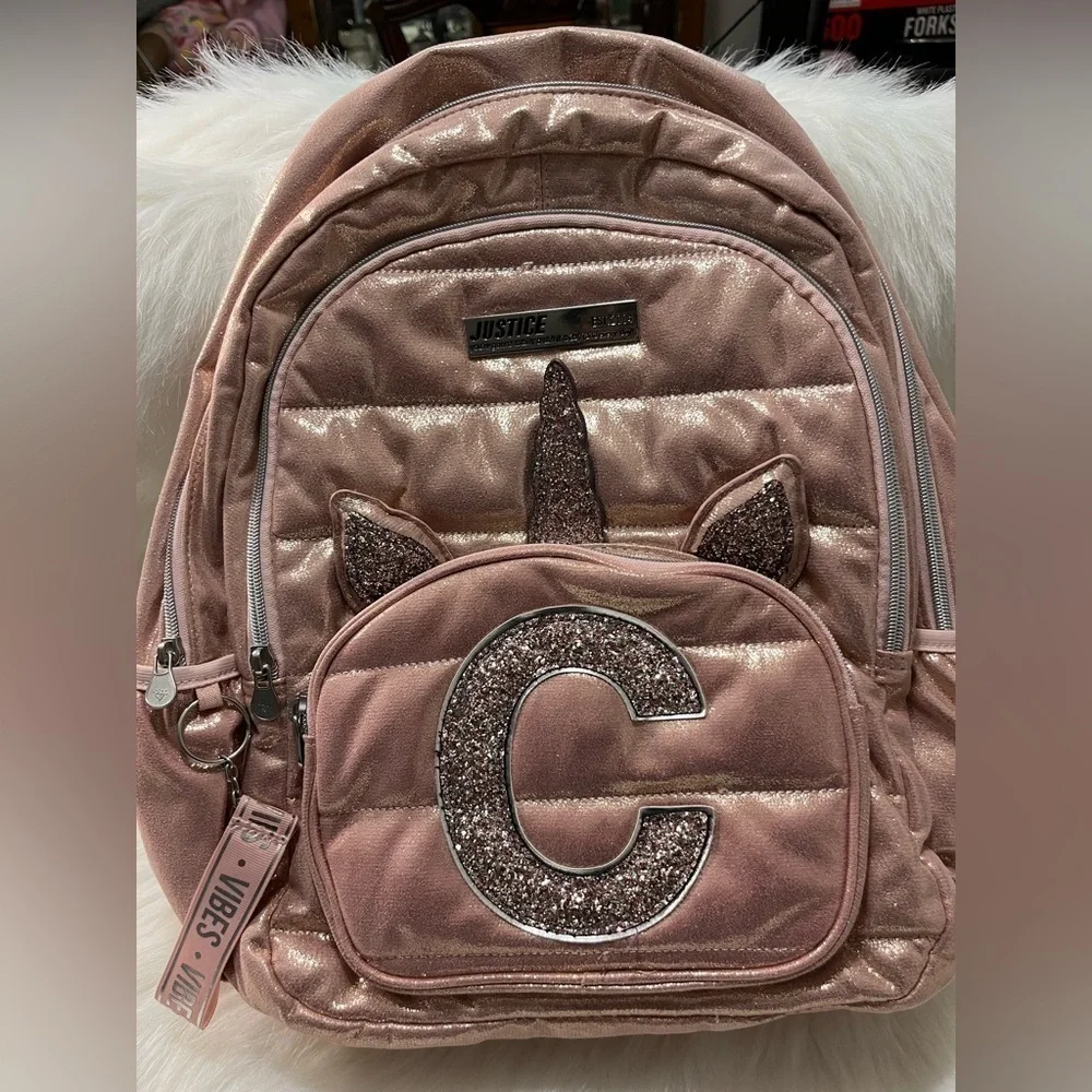 Justice Rose Gold Quilted Unicorn Initial “C” Backpack .